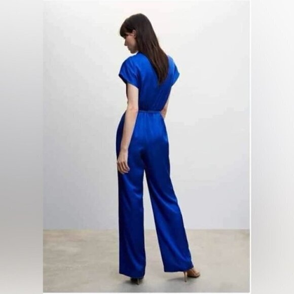 Mango, Women's Satin Jumpsuit with Belt - Blue. Size: XS. NWT. - Picture 4 of 5